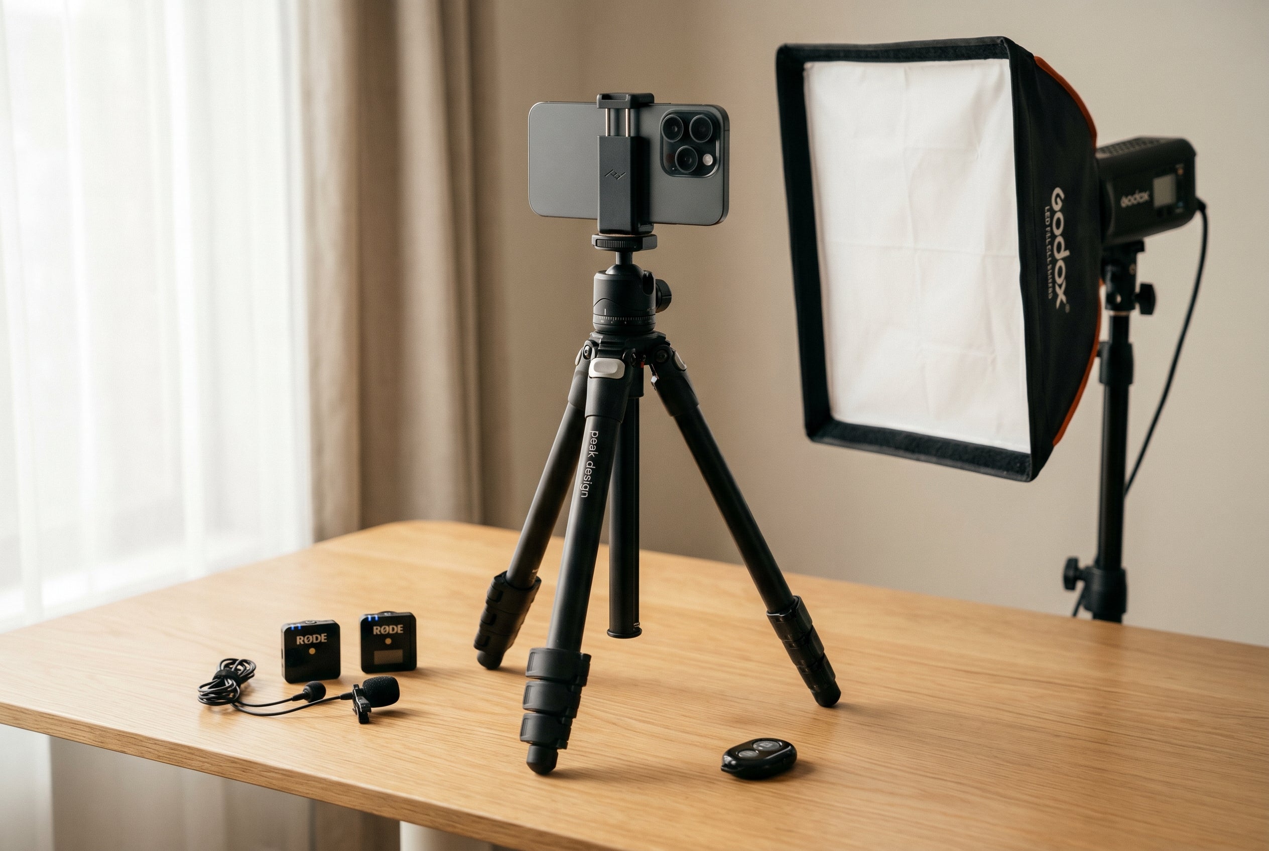 Professional mobile content creator kit with phone tripod, LED fill light, and lavalier mics arranged on a desk