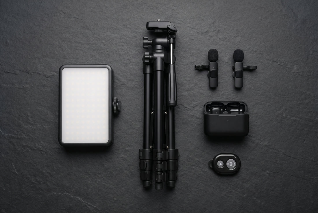 Flat-lay of essential content creator gear: tripod, LED light, wireless lavalier mics, and bluetooth remote