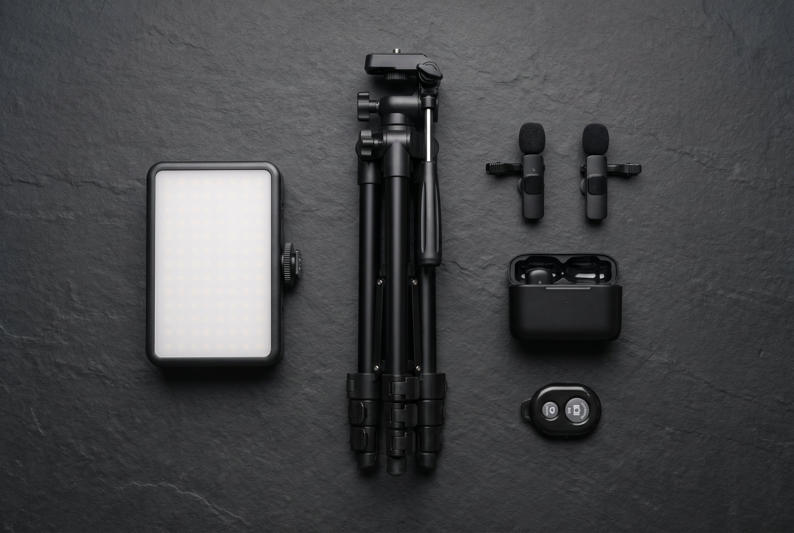 Flat-lay of essential content creator gear: tripod, LED light, wireless lavalier mics, and bluetooth remote