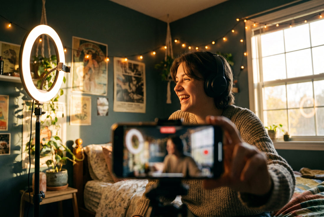 Creator filming a TikTok with a soft LED fill light at a 45-degree angle