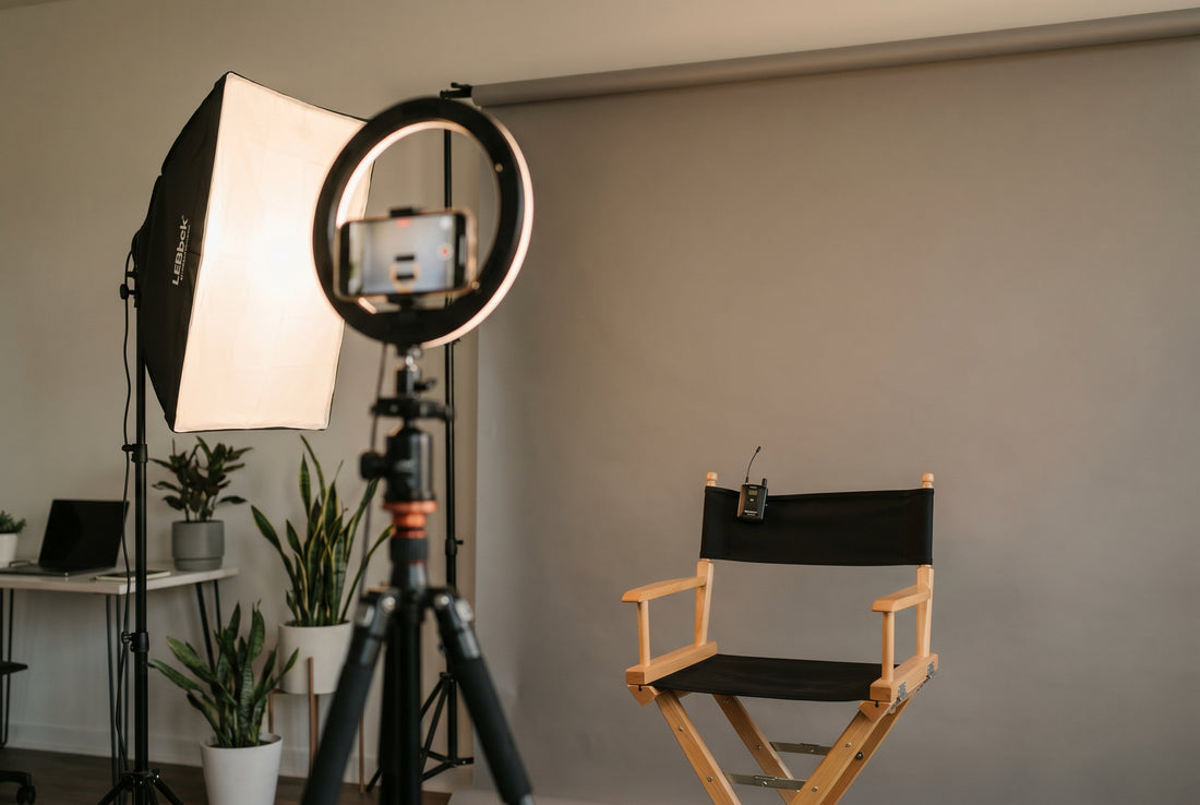 Professional self-tape audition setup with neutral backdrop, tripod, and LED fill light