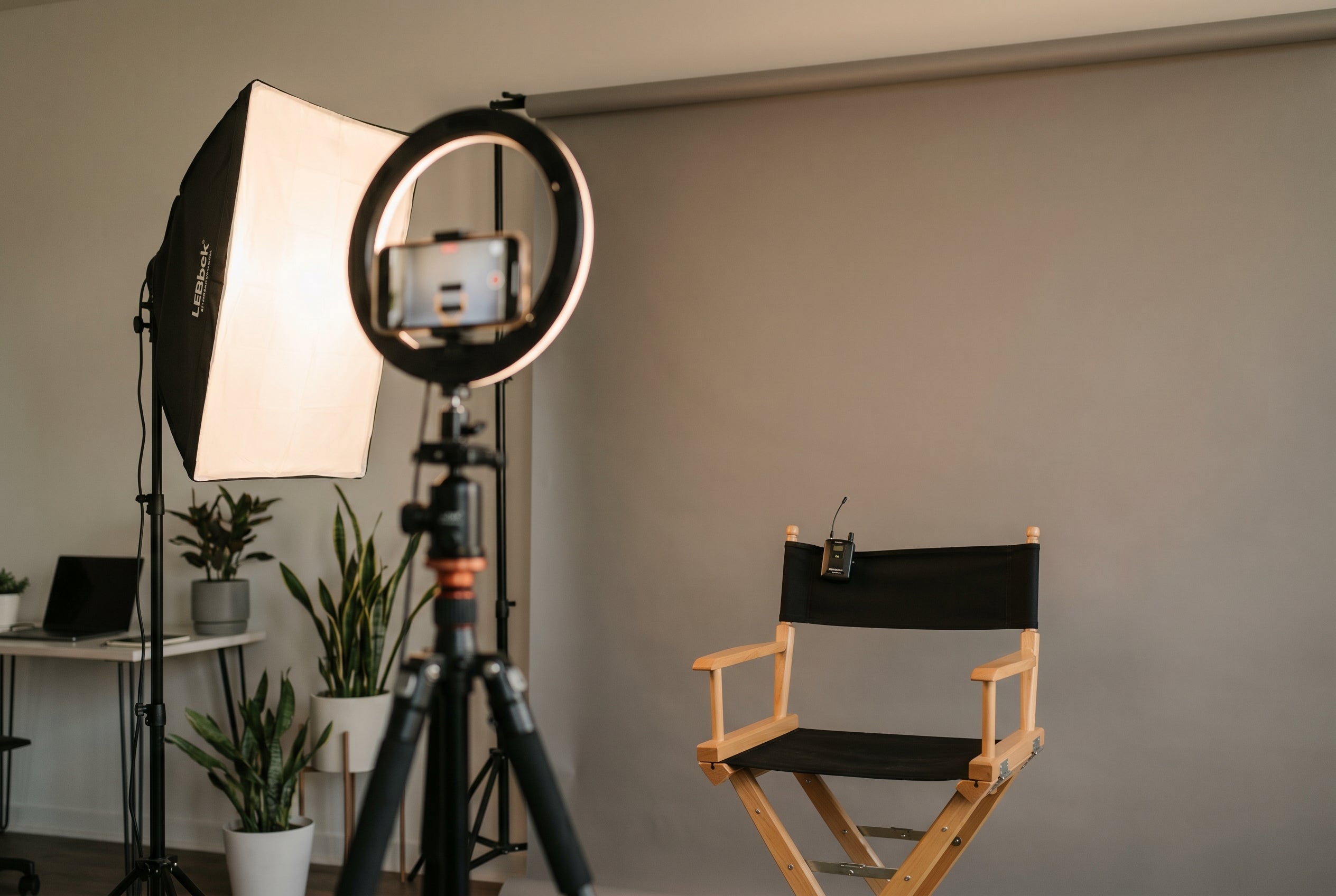 Professional self-tape audition setup with neutral backdrop, tripod, and LED fill light