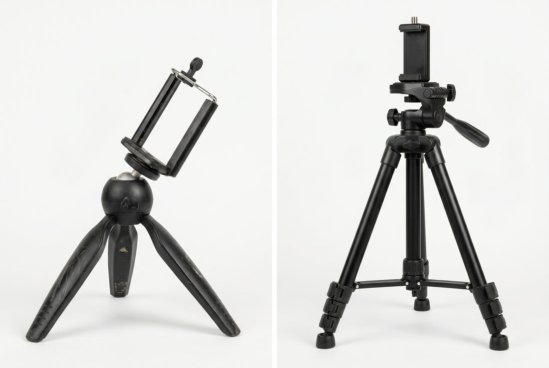 Comparison of a cheap plastic phone tripod versus a premium aluminum professional tripod