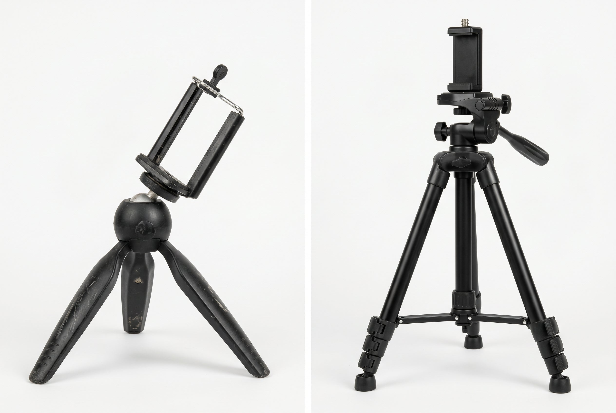 Comparison of a cheap plastic phone tripod versus a premium aluminum professional tripod