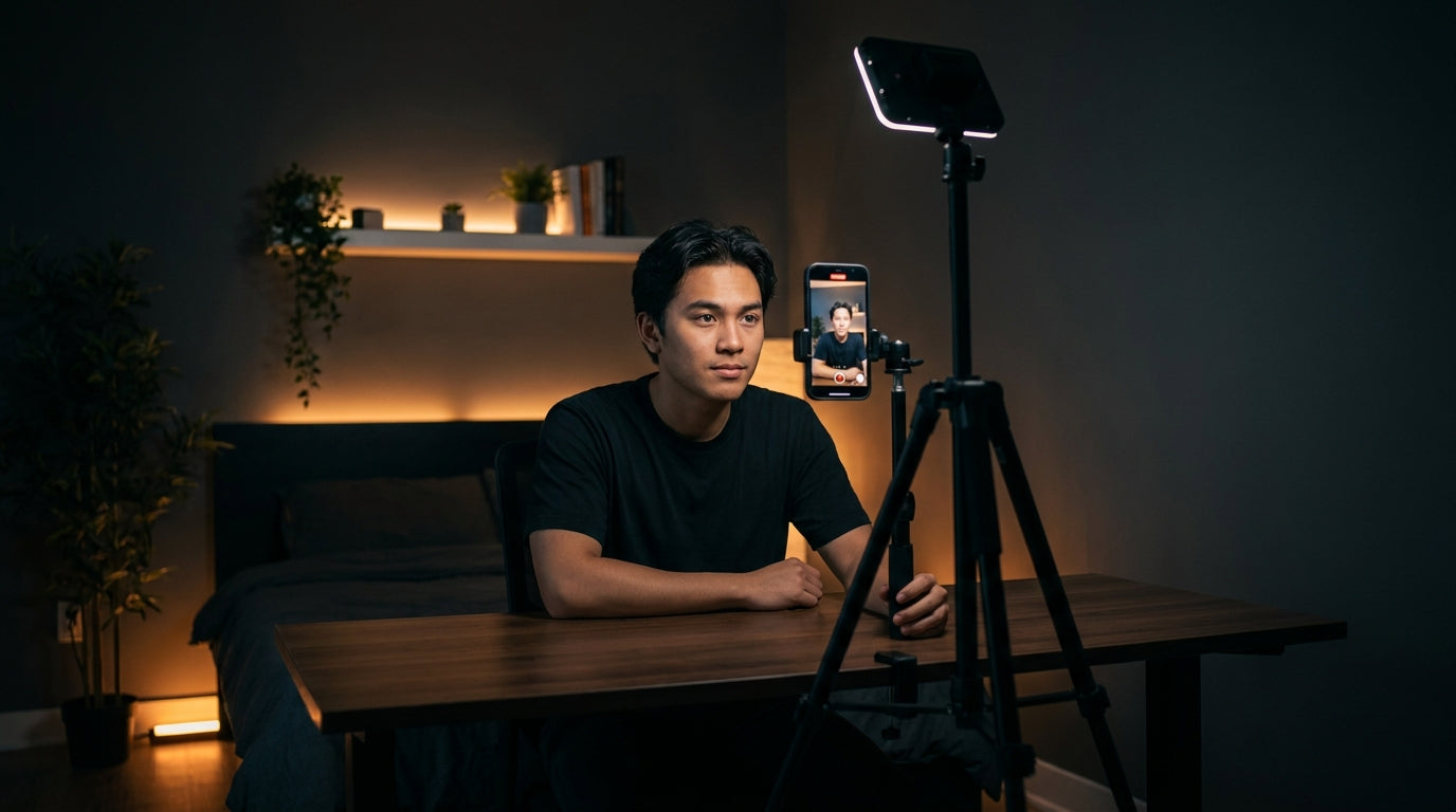 Creator filming professional phone video with tripod, LED light, and wireless microphone in apartment setup