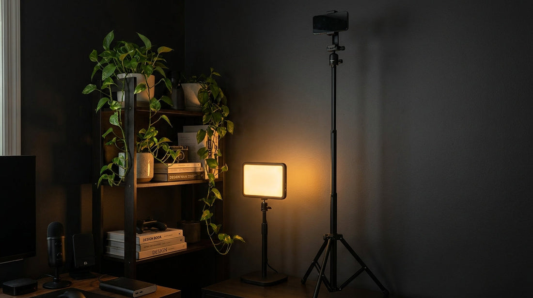 Compact creator studio setup in a bedroom corner with tripod, LED light, and bookshelf