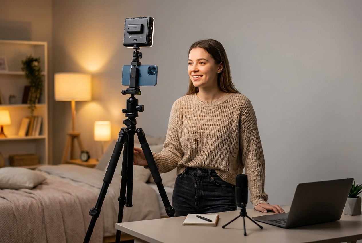 Content creator home studio setup with phone tripod, LED fill light, and clean minimal background