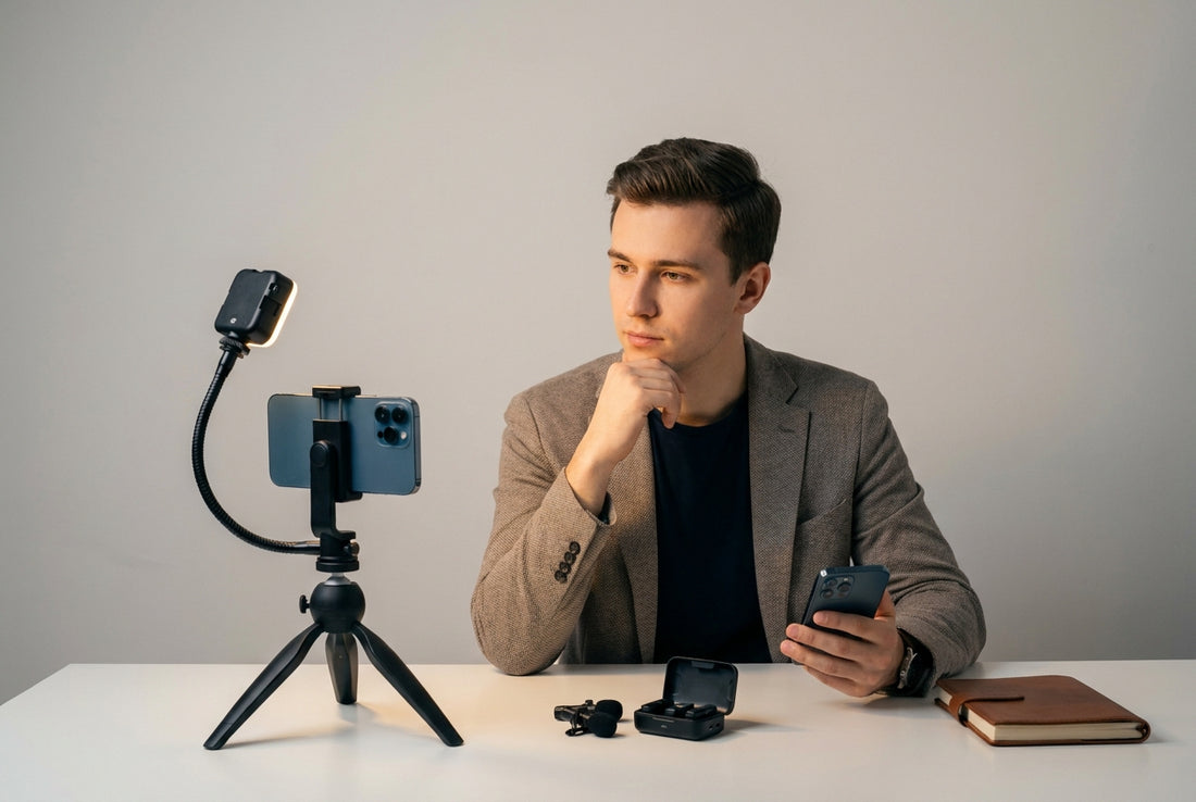 Young creator comparing two smartphones at a clean desk with tripod, LED light, and lavalier mic kit