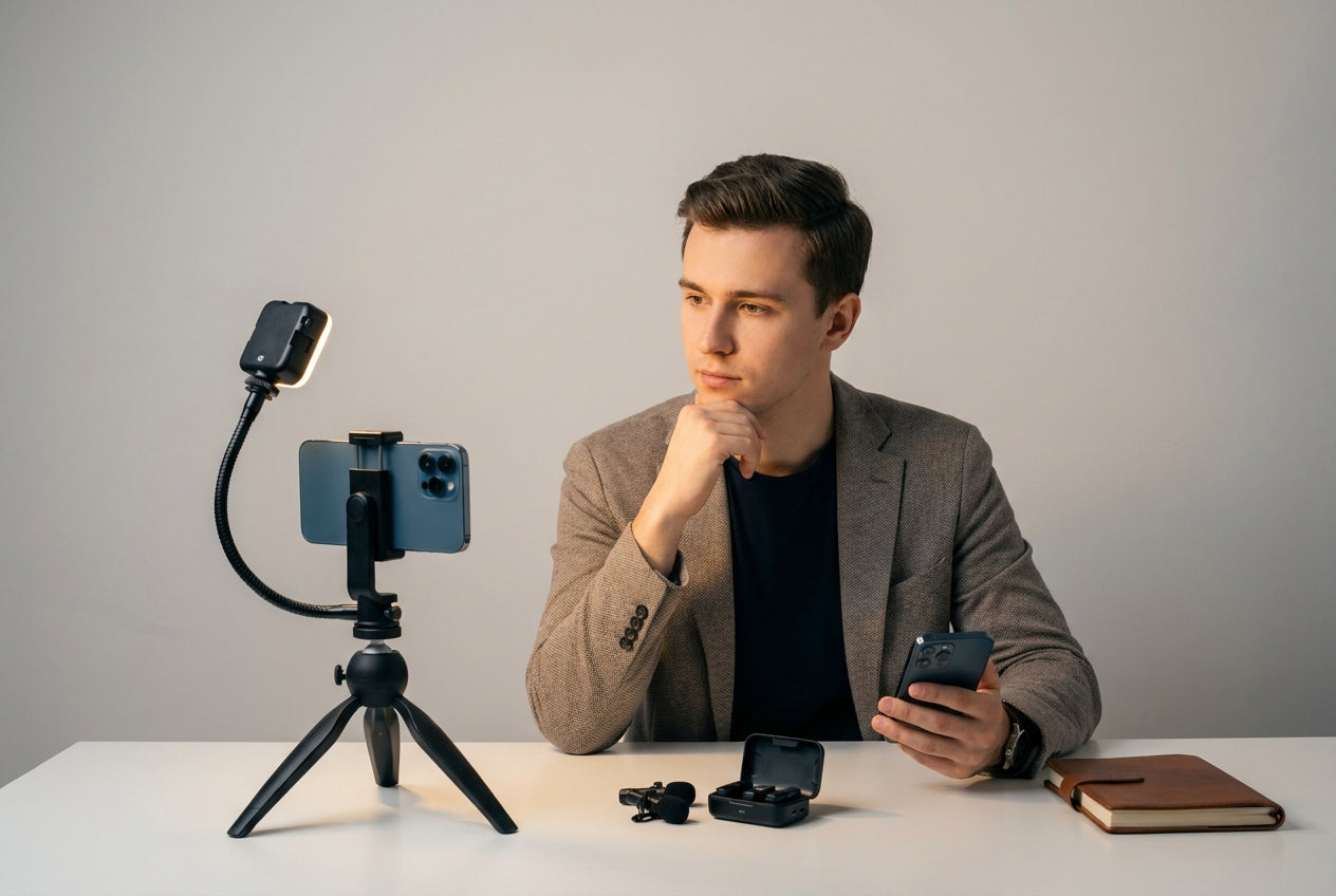 Young creator comparing two smartphones at a clean desk with tripod, LED light, and lavalier mic kit