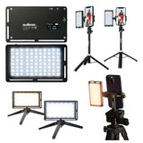 Collage of LED lights, tripods, and smartphone holders on a white background