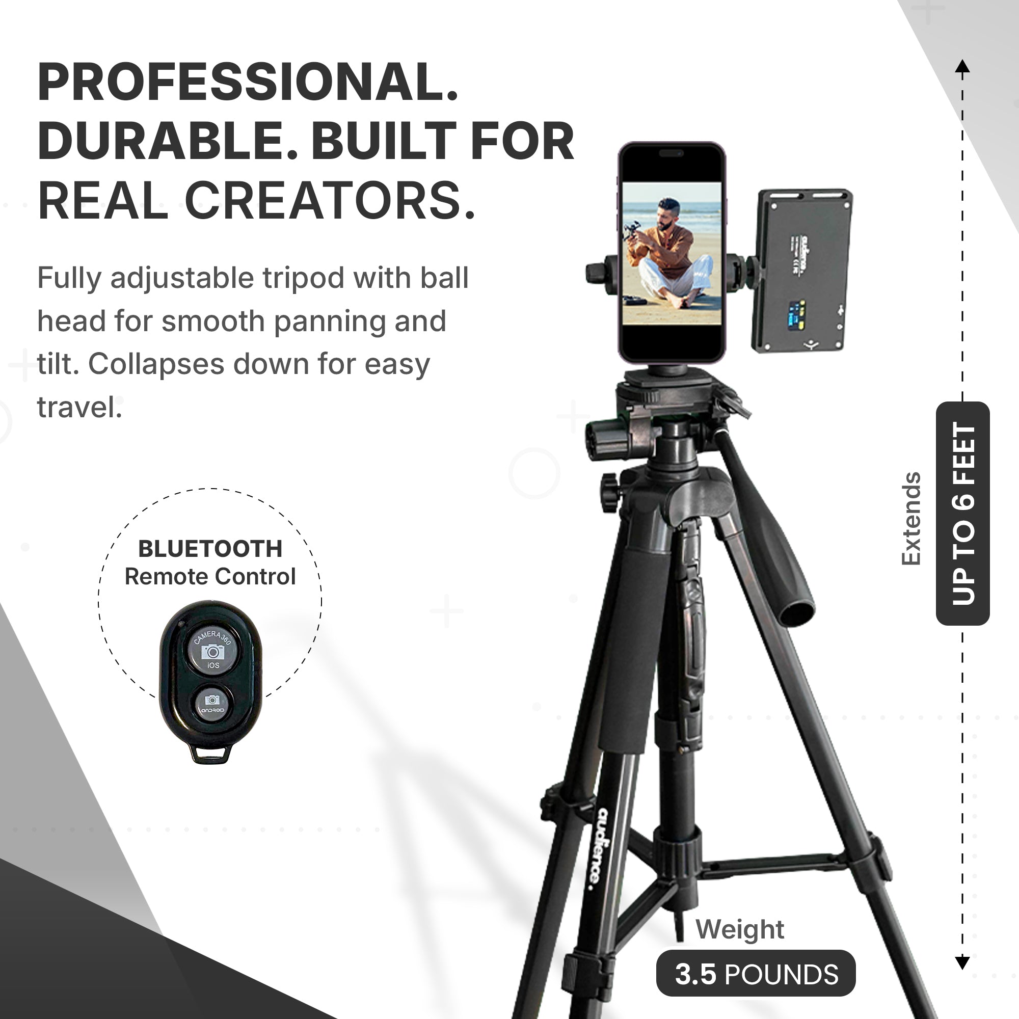 Tripod with smartphone holder and Bluetooth remote control on a white background