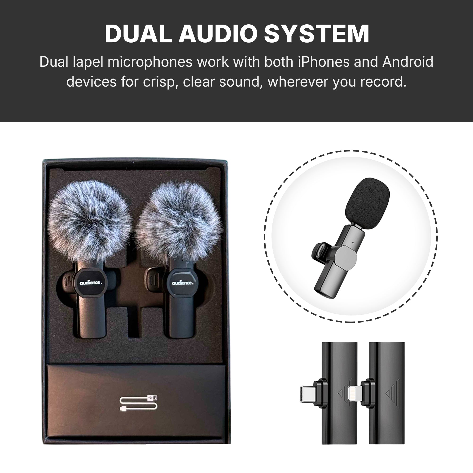 Dual lapel microphones in packaging with text about compatibility with iOS and Android devices.