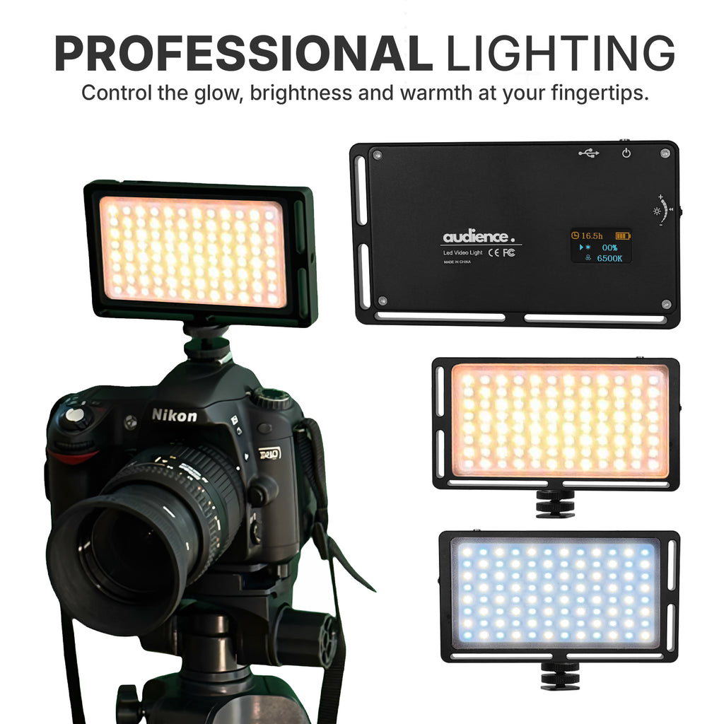 Camera with LED lights and 'audience' brand name displayed, emphasizing professional lighting control.