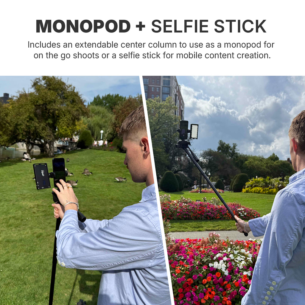 Person using a monopod and selfie stick in two different outdoor settings.